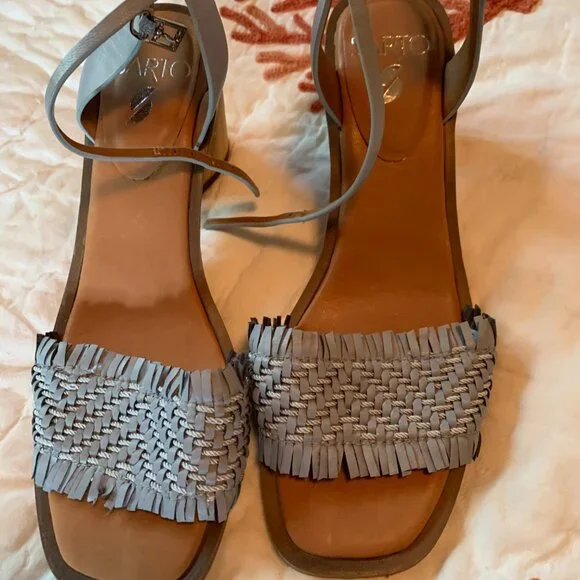 FRANCO SARTA RAFFIA BLUE SANDALS WITH WOOD HEELS SZ 9 NWOT - Picture 2 of 6